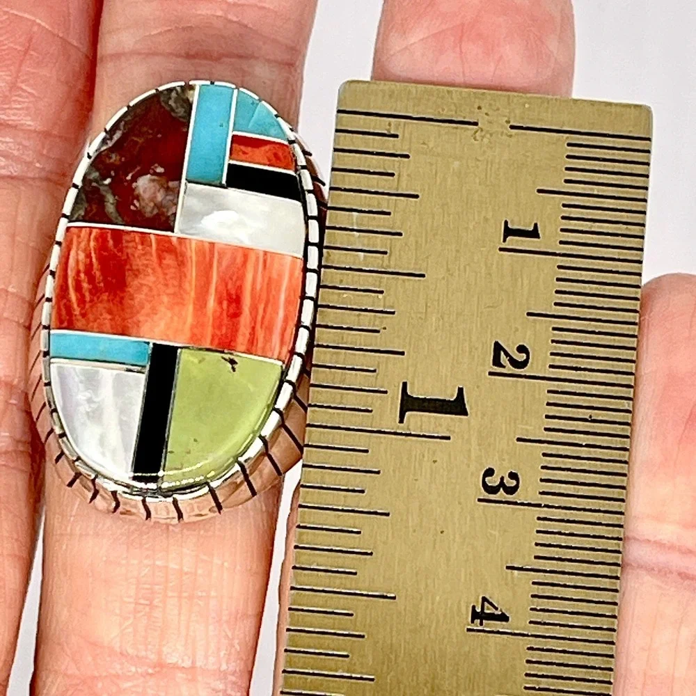 BIG Turquoise Multi Stone Inlay Mens Ring Sz 13 Navajo Sterling Signed Jack 34mm